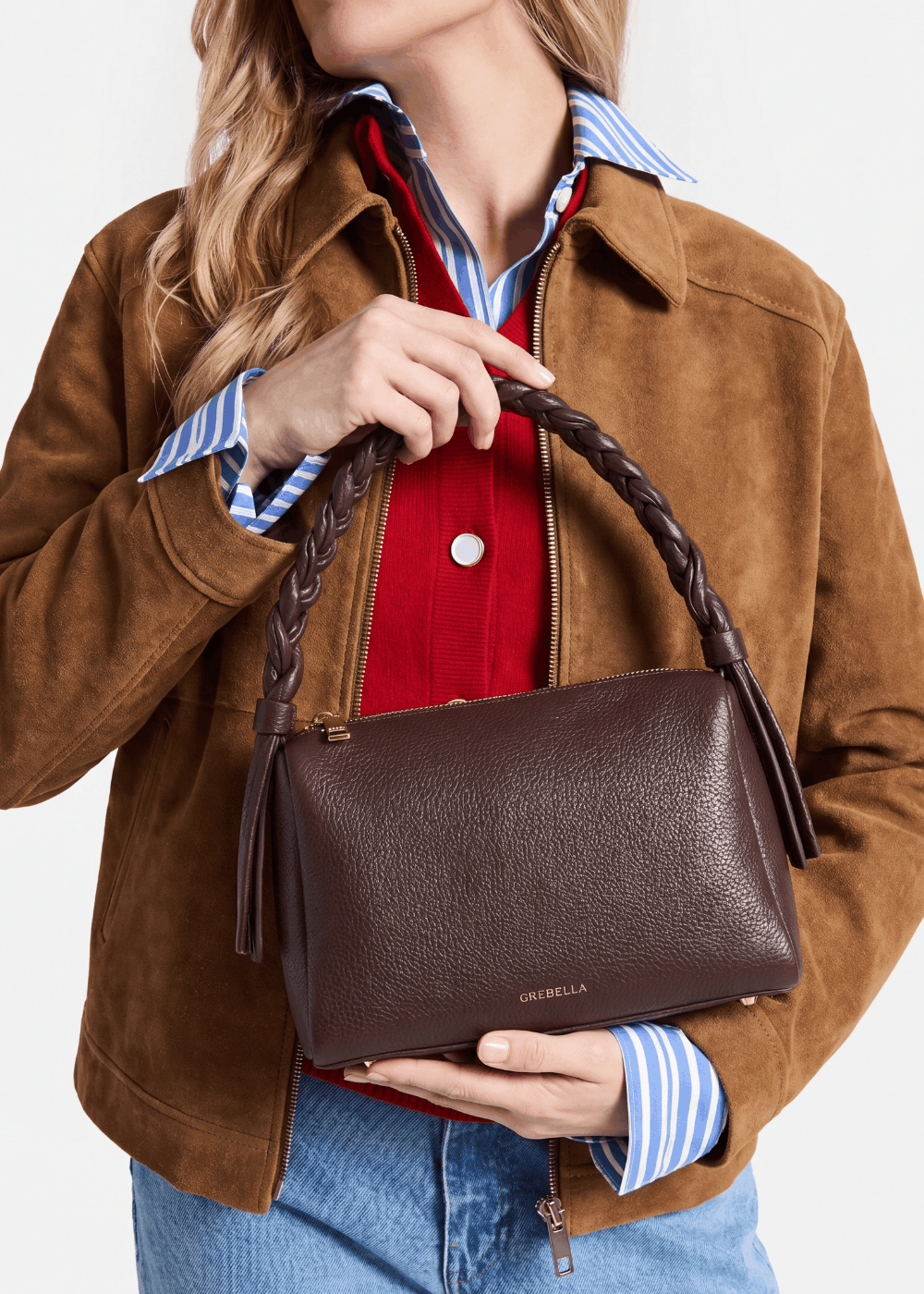 VESPER Pecan Grid grained calfskin shoulder bag by GREBELLA, Barcelona — view 2