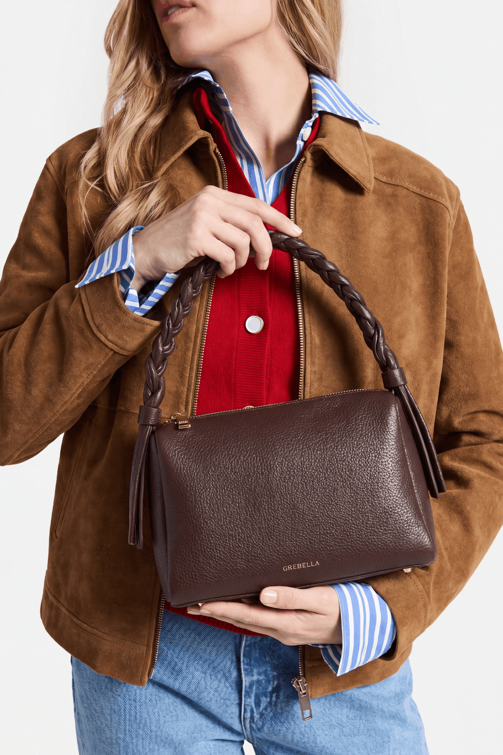 VESPER Pecan Grid grained calfskin shoulder bag by GREBELLA, Barcelona — view 2