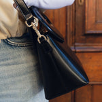 NOYA Obsidian Born box calfskin top-handle bag by GREBELLA, Barcelona — detail view