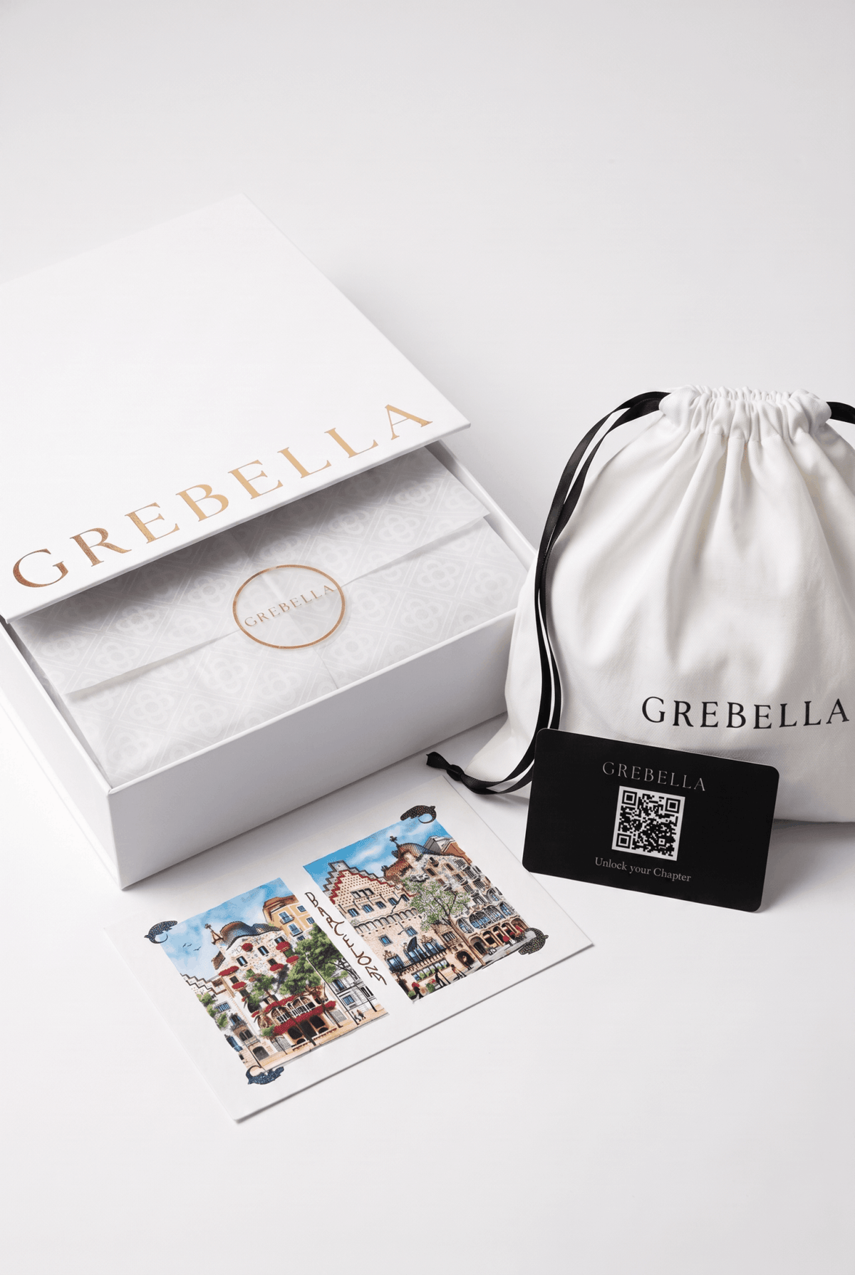 What's in the box: GREBELLA gift box, dust bag, Chapter key card and Barcelona postcards